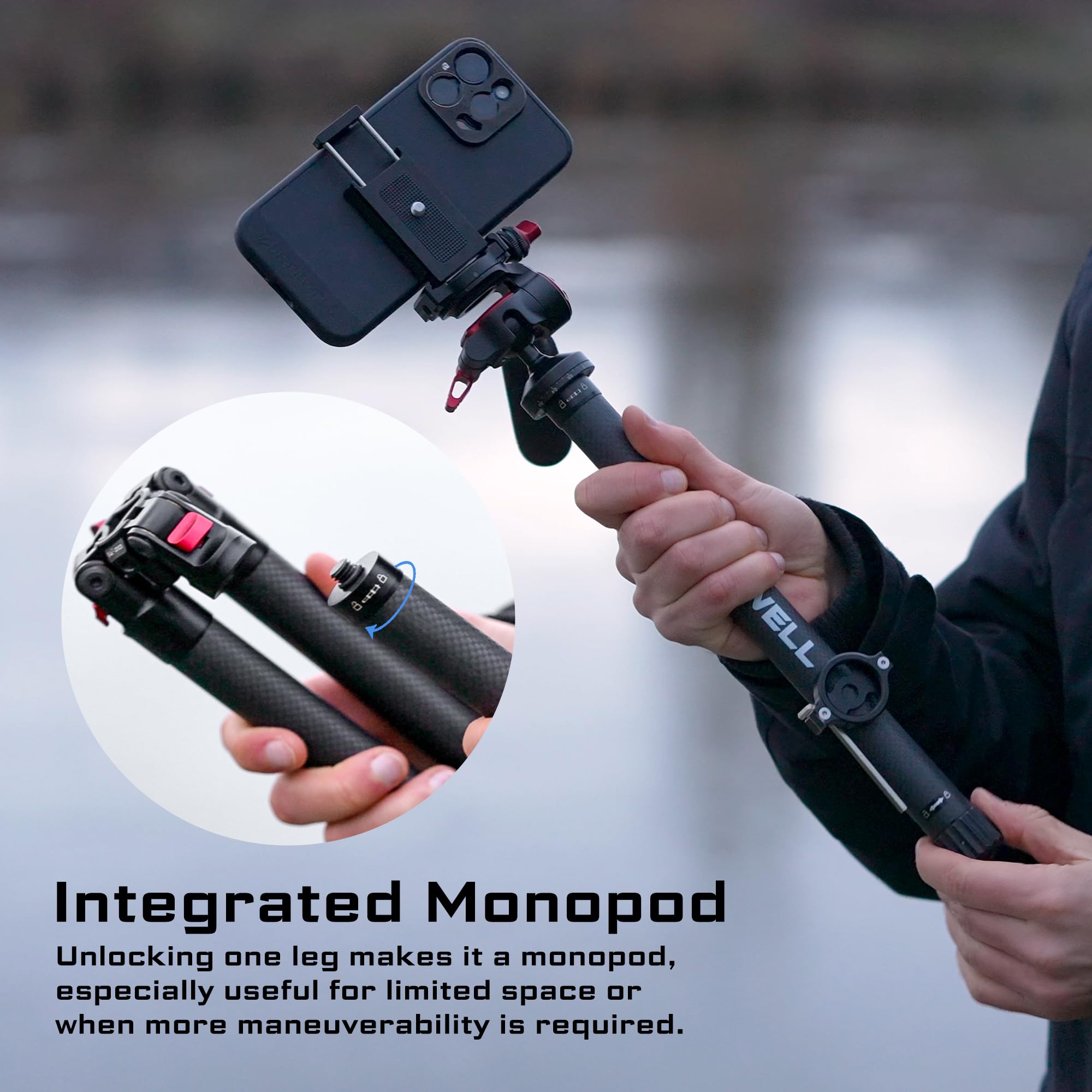 Freewell Carbon Fiber Travel Tripod 59.1" Lightweight 1.98lbs Photo/Video 360°Ball Head (Max Load 5kg/11 lbs), Monopod, Quick-Release Plate, for DSLR Cameras & Smartphones - Image 4