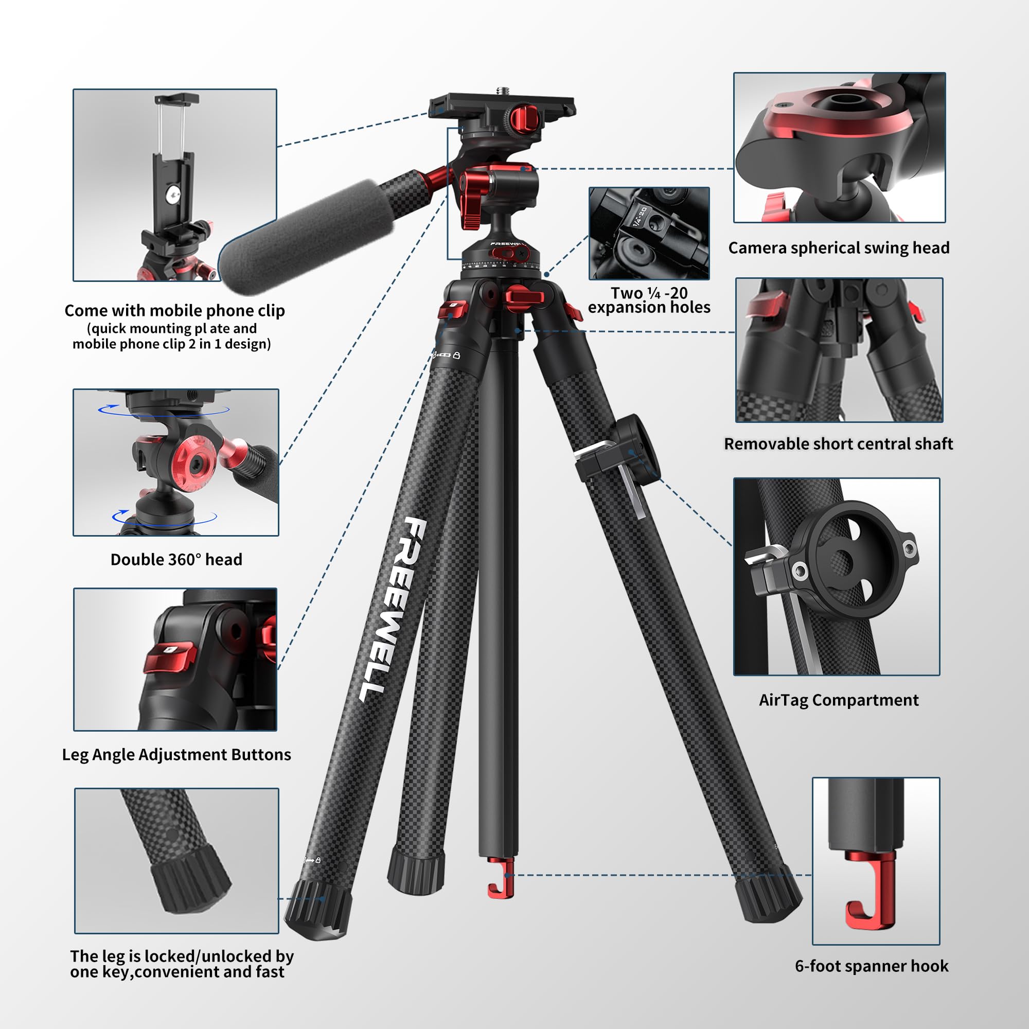 Freewell Carbon Fiber Travel Tripod 59.1" Lightweight 1.98lbs Photo/Video 360°Ball Head (Max Load 5kg/11 lbs), Monopod, Quick-Release Plate, for DSLR Cameras & Smartphones - Image 6